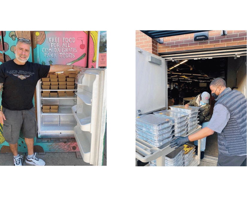 Two photos, on the left is a chef from EP Kitchen with dozens of his meals in the Providence Community Fridge, which is colorfully decorated. The right photo shows two staff members from Denver Rescue Mission rolling in a cart with dozens of trays of food donations